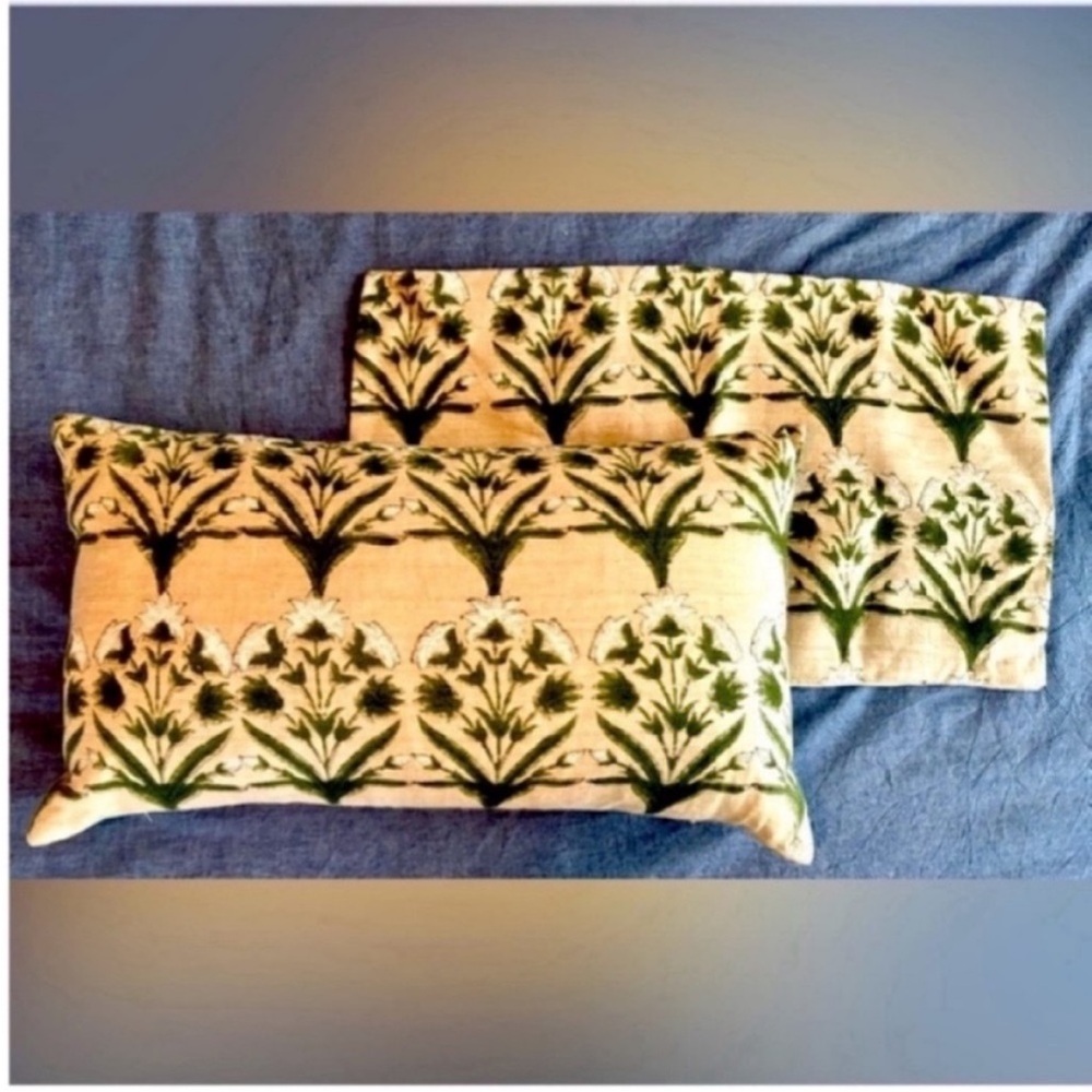Set of 2 Floral Green Block Print Custom Pillow Cover, Green and white 14x24"